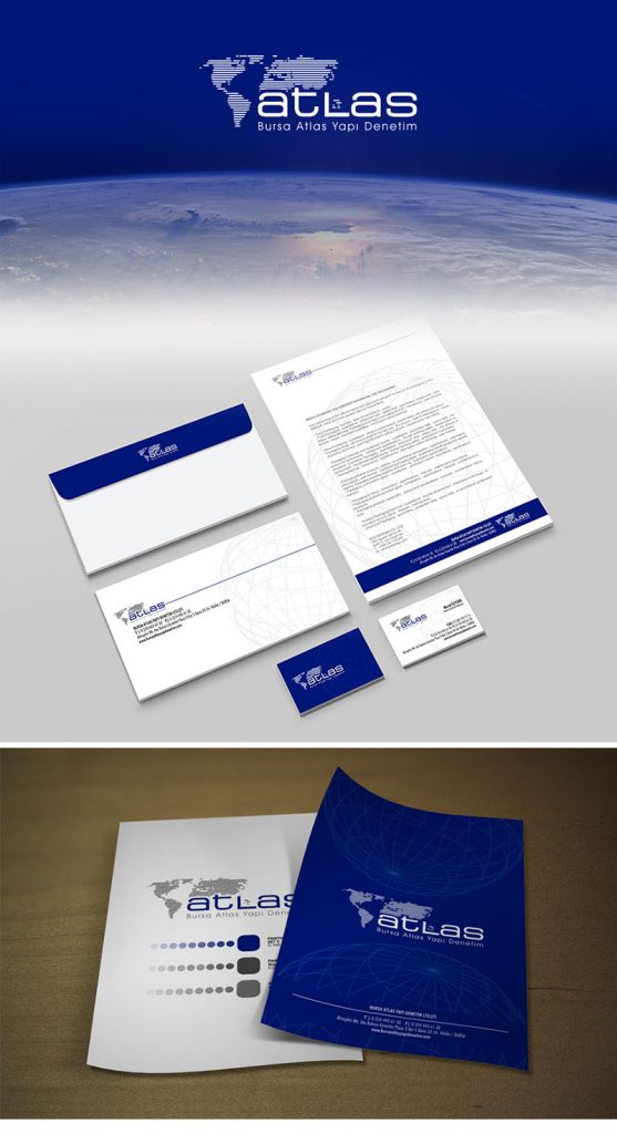 atlas yapı denetim firması için kurumsal kimlik tasarımı dünya logosu